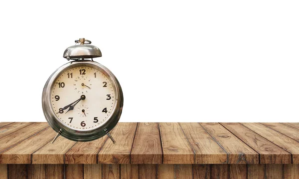 Retro Alarm Clock Wood Table Top Blur Abstract Bokeh Montage — стоковое фото