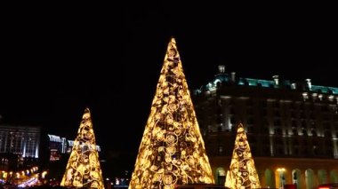 Yanan çelenkleri ve gecenin ışıkları olan Noel ağacı.