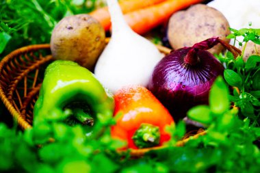 Çimlerin üzerinde hasır tabaklar üzerinde farklı olgun sebzeler. sağlıklı yiyecekler.