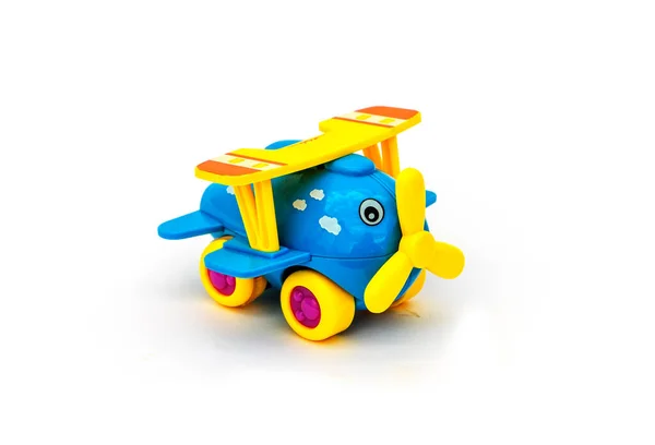 Niebieski Zabawki Dla Dzieci Mały Samolot Białym Tle — Zdjęcie stockowe