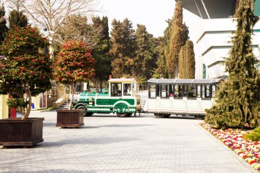 Eğlence parkında yürüyüş yapmak için çocukların yeşil trenine neşeyle boyanmış..