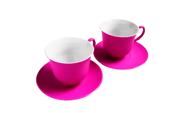 白色背景的两个粉红色陶瓷杯 隔离的 — 图库照片