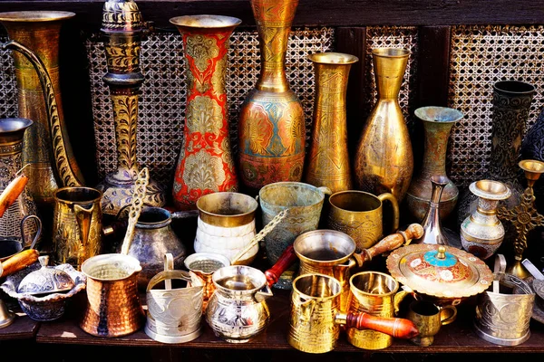 Plats Orientaux Turcs Azerbaïdjanais Vintage Argentés Céramiques Vendre Vieux Plateaux — Photo