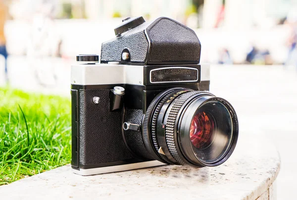 Vintage Soviet Film Camera Boulder Blurry Background Nature Shallow Depth — Stock Photo, Image