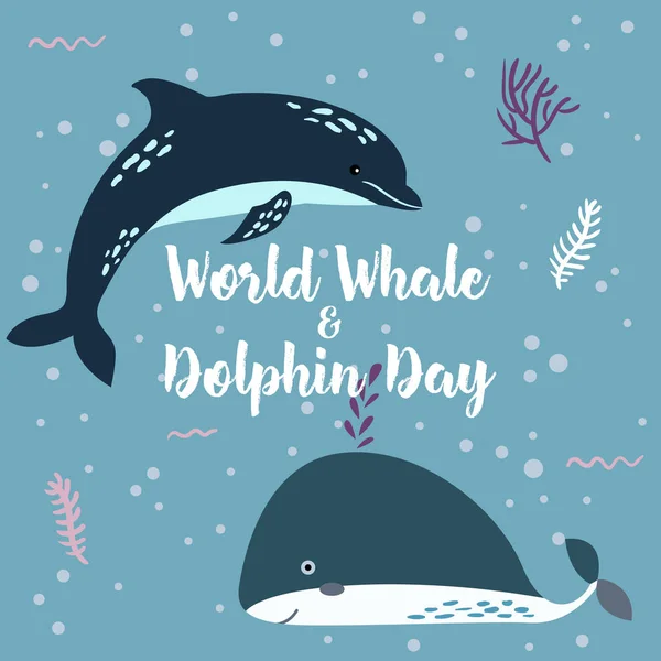 23 de julho - o dia mundial de baleias e golfinhos. Baleia e golfinho juntos . —  Vetores de Stock