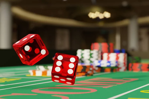 クラップテーブルを転がすダイスのペアの詳細ショット 選択的焦点ギャンブルの概念 3Dイラスト — ストック写真