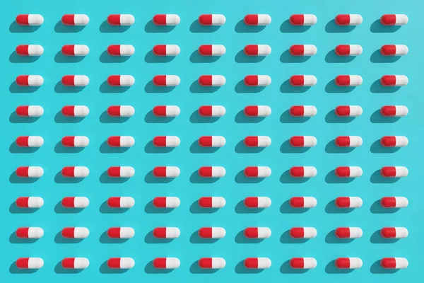 薄い青の背景に赤と白の錠剤のパターン 3Dイラスト — ストック写真