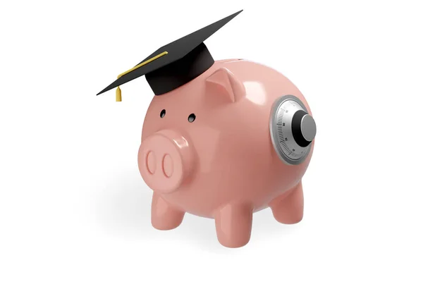 Piggy Bank Security Lock Graduation Cap Isolated White Background Savings — Stock Photo, Image