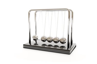 Newton 'un beşiği beyaz bir arka planda izole bir şekilde sallanıyor. Denge konsepti. Görüntü 3d.