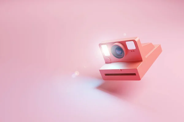 Red retro instant photo camera firing the flash on a pink background. 3d illustration.
