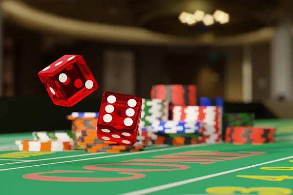 Gros Plan Dés Roulés Sur Une Table Craps Concept Jeu — Photo