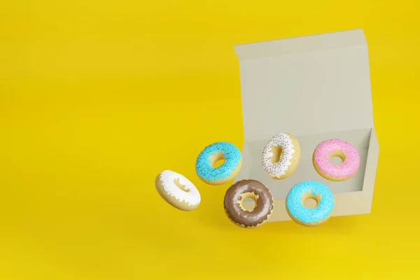 Donuts Komen Uit Een Doos Een Gele Achtergrond Selectieve Focus — Stockfoto