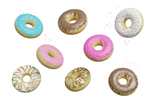 Donuts Flotando Aire Aislados Sobre Fondo Blanco Ilustración — Foto de Stock