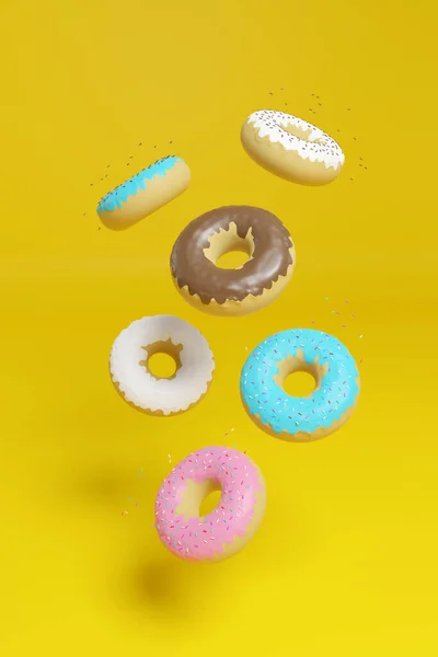 Пончики Плавающие Воздухе Изолированы Желтом Фоне Иллюстрация — стоковое фото