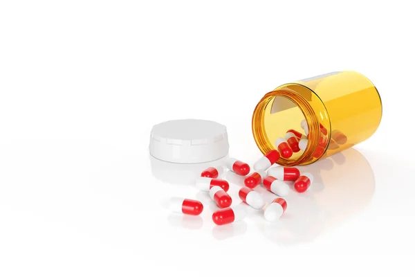Pills Röd Vit Spillning Piller Flaska Isolerad Vit Bakgrund Illustration — Stockfoto