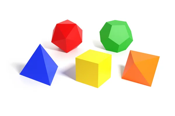 플라톤의 다면체 Tetrahedron Hexahedron Octahedron Dodecahedron 그리고 배경에 색상의 — 스톡 사진