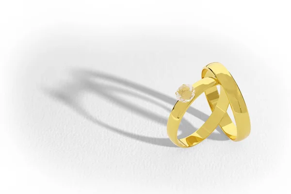 ホワイトを基調としたゴールドとダイヤモンドのウェディングリングのペア 3Dイラスト — ストック写真