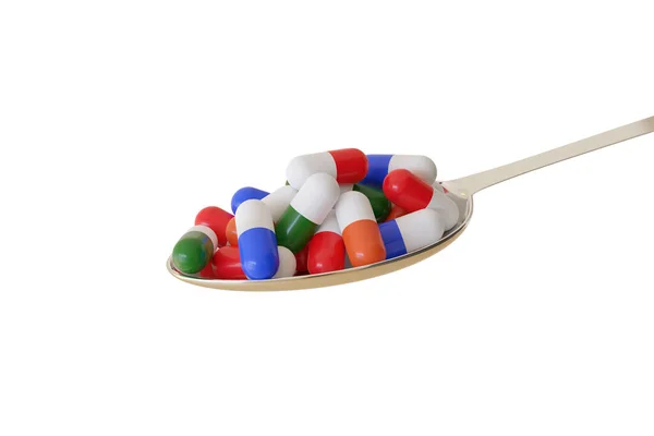 Spoon Full Different Colored Pills Isolated White Background Illustration — Stock Photo, Image