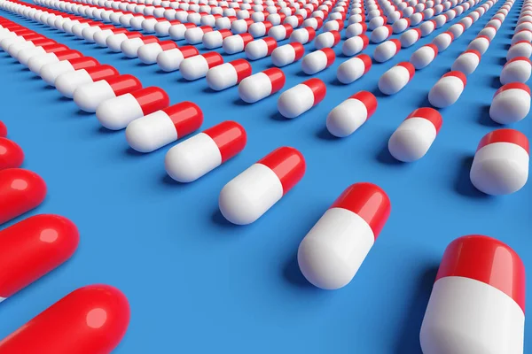 Red and white pills on a blue background. 3d illustration.