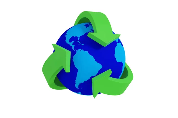 Zöld Újrahasznosítás Szimbólum Körül Földet Elszigetelt Fehér Háttérrel Illusztráció — Stock Fotó