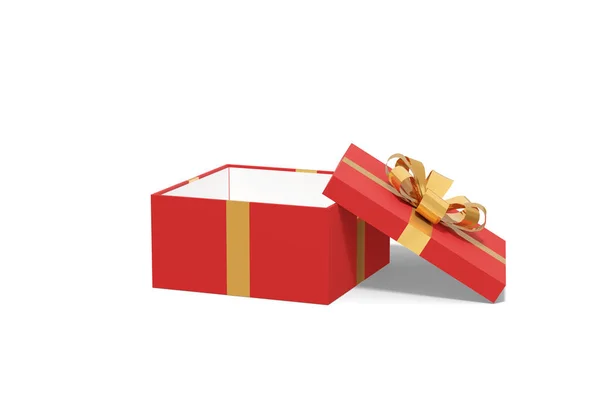 打开的红色礼品盒 金色的蝴蝶结与白色背景隔离 3D说明 — 图库照片
