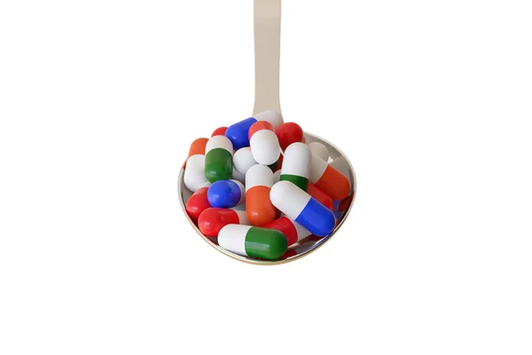 白い背景に隔離されたさまざまな色の薬でいっぱいのスプーン 3Dイラスト — ストック写真