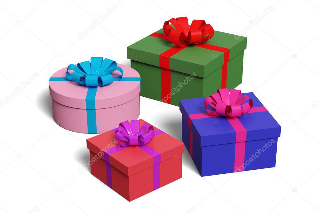 Three gift box green blue and red with bows isolated on a white background. 3d illustration.