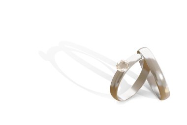 Beyaz arka planda izole edilmiş gümüş ve elmas alyanslar. 3d illüstrasyon.