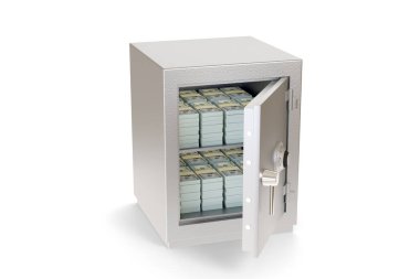 Beyaz arka planda izole edilmiş 100 dolarlık banknotlarla dolu bir kasa aç. 3d illüstrasyon.