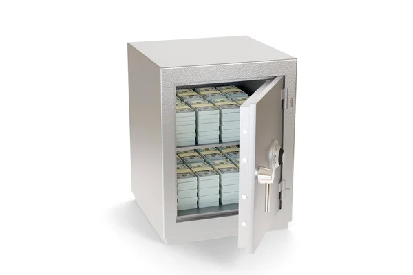 Open Safe Box Full Wad 100 Dollar Bills Isolated White — Stock Photo, Image
