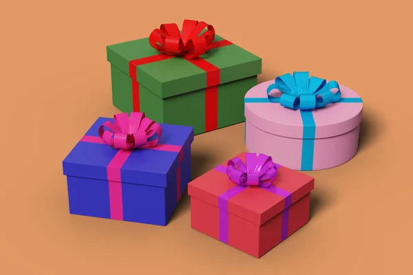Four Colorful Gift Boxes Isolated Orange Background Illustration — Stock Photo, Image