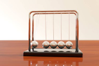 Newton's cradle swinging on a wooden table with light background. Balance concept. Illustration 3d. clipart