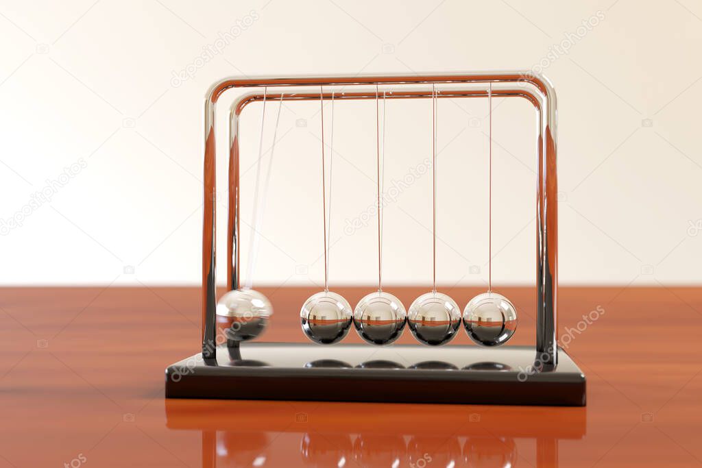 Newton's cradle swinging on a wooden table with light background. Balance concept. Illustration 3d.