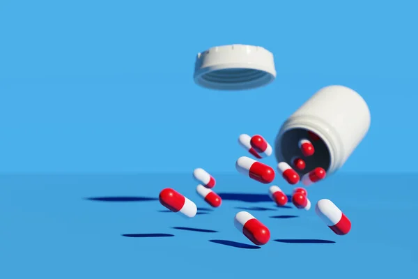 青の背景に隔離された錠剤ボトルから白いこぼれ落ちる赤の錠剤 3Dイラスト — ストック写真