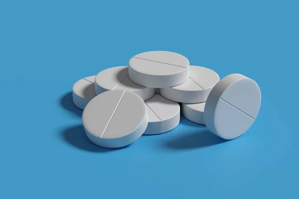 青い背景に白い錠剤 3Dイラスト — ストック写真