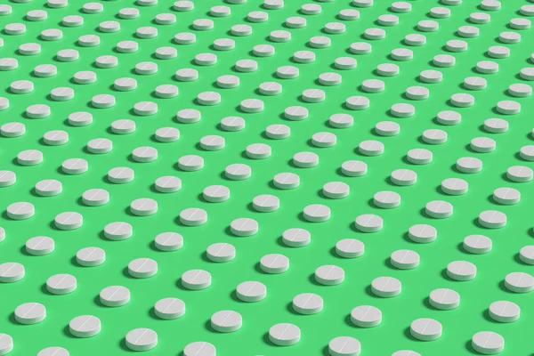 绿色背景的白色药丸3D说明 — 图库照片
