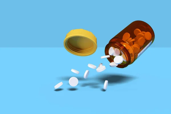 İlaç şişesinden akan beyaz haplar mavi arka planda izole edilmiş. 3d illüstrasyon.