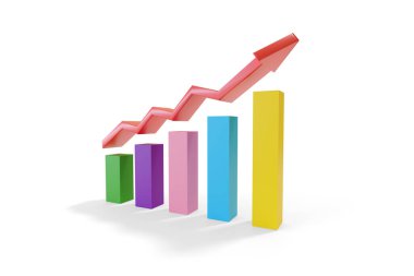 Büyüme çubuğu grafiği ve üç boyutlu ok. 3B illüstrasyon.