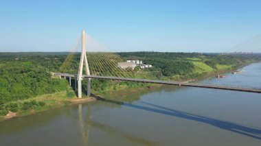 Drone view of the Three Borders Monument and the Integration Bridge in Misiones, Argentina.