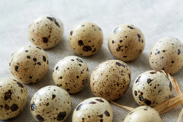 Top Close View Some Rows Quail Eggs Linen Fablic Background — Stock Photo, Image