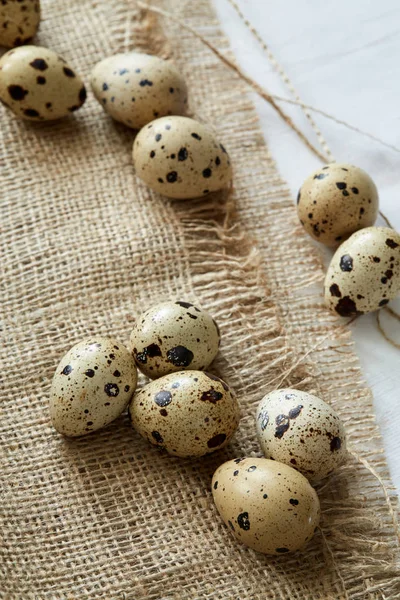 Top Flatview Some Quail Eggs Sacloth Background Concept Healthy Nutritions — Stock Photo, Image