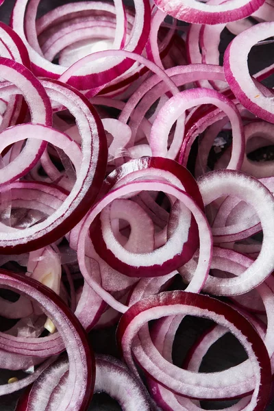 Fondo Aros Cebolla Roja Rodajas Vista Plana Comida Vegetariana Orgánica — Foto de Stock