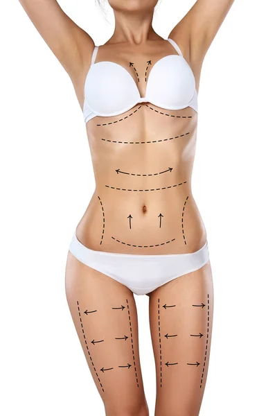 Stüdyo Hd yakalama tanınmaz halde genç kadın gövde çizim oklar ve tıbbi işaretleri ile iç çamaşırı. Yağ kaybetmek, liposuction, selülit Temizleme ve deri kavramı kaldırma.