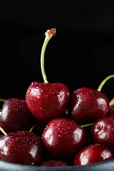 Pile Sweet Cherries Isolated Black Background Macro View Extreme Close — Stock Photo, Image