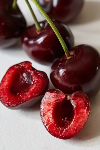 Some Sweet Cherries Green Stems Isolated White Background Macro View — Stock Photo, Image