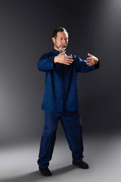 Mestre Sênior Praticando Qong Taijiquan Estúdio Exercício Respiração Movimentos Arte — Fotografia de Stock