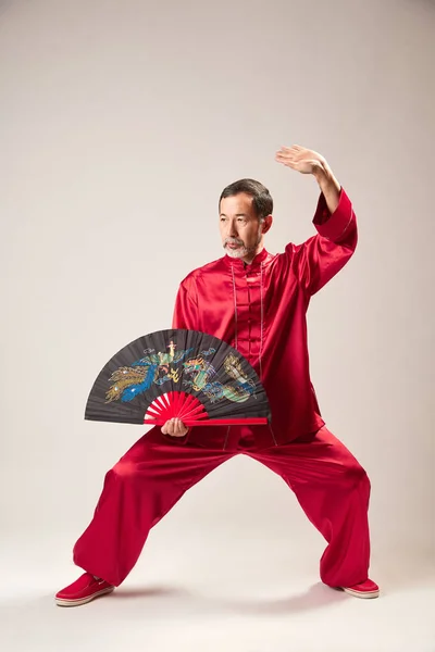 Maestro Mayor Practicando Qong Taijiquan Estudio Ejercicio Respiración Movimientos Arte — Foto de Stock