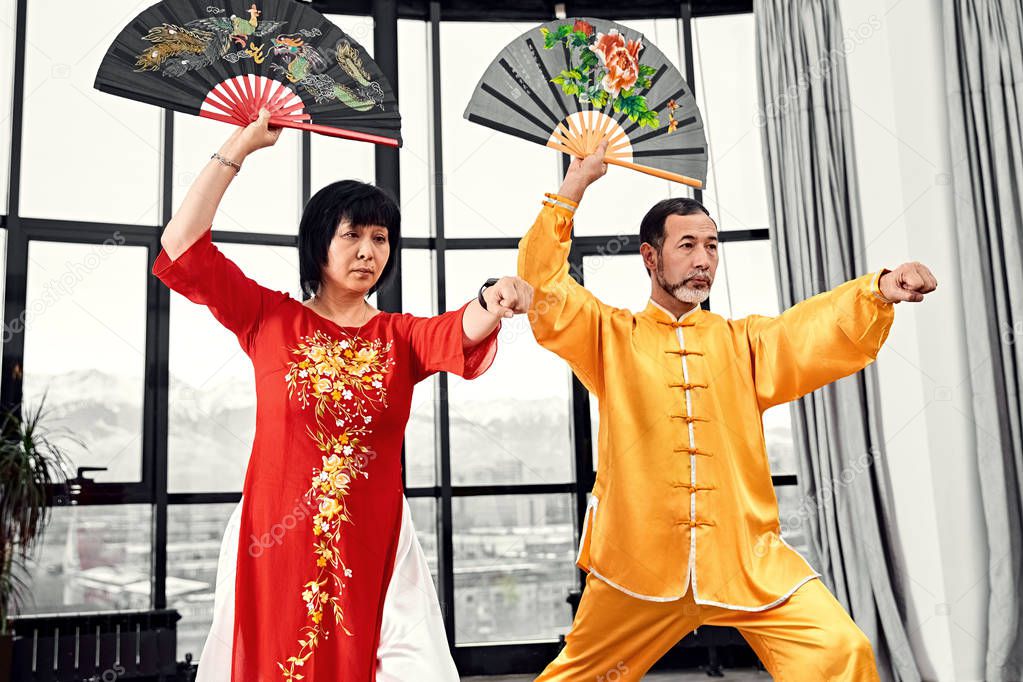 Couple of senior masters practicing qi qong taijiquan