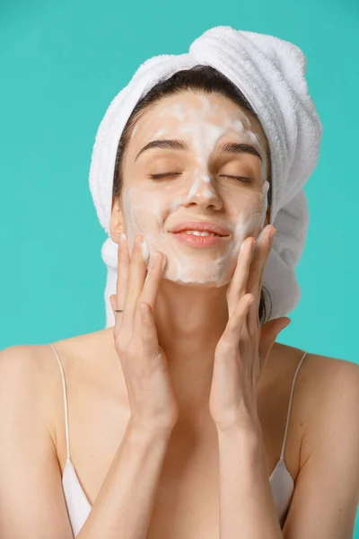 Young Woman Towel Wrapped Her Head Applying Facial Cleaning Foam — Stock Photo, Image