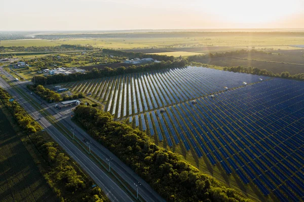 Aerial Top View Solar Panels Power Plant Modern Technology Climate — Stock Photo, Image